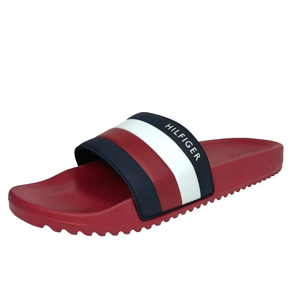 Tommy Hilfiger Mens Slide Pool‎ Sandals Size 12 Red Black Slip-On Comfort Shoes